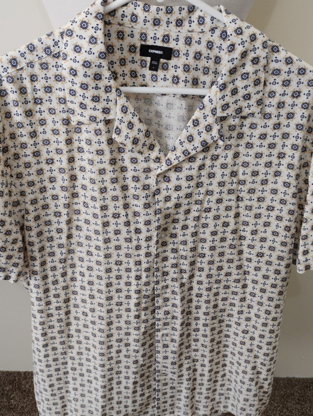 Express Cream Short-Sleeve Button Shirt with Navy Print